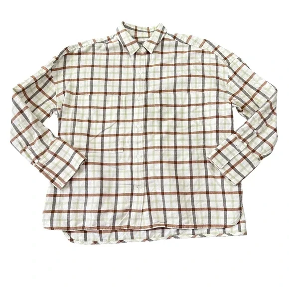 Everlane Oversized Plaid Flannel Shirt Cream Brown Sage Green Women's Size XS - Picture 1 of 12